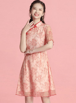 Print Short Sleeve Cheongsam Skater Dress