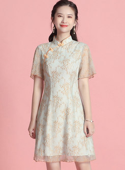 Print Short Sleeve Cheongsam Skater Dress