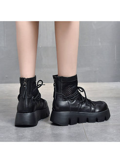 Rounded Openwork Lace-up Platform Ankle Boots