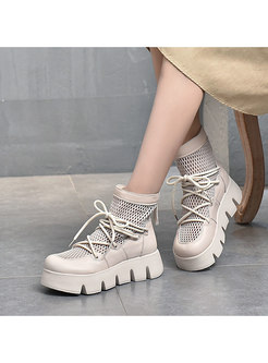 Rounded Openwork Lace-up Platform Ankle Boots