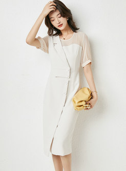 White Lapel Single-Breasted Mesh Patchwork Bodycon Dress