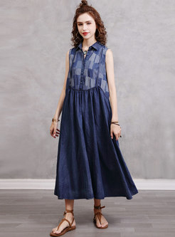 Vintage Plaid Sleeveless Turn-Down Collar Denim Maxi Dress