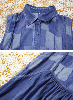 Vintage Plaid Sleeveless Turn-Down Collar Denim Maxi Dress