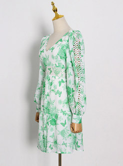 Sexy Green V-Neck Print Openwork A-Line Dress