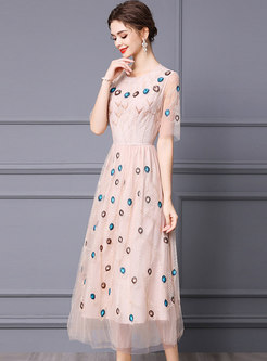 Mesh Embroidered A Line Maxi Prom Bridesmaid Dress