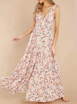 Floral V-Neck Strappy A-Line Maxi Dress