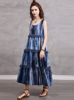 Dye Tie Fringe Patchwork Layer Denim Maxi Dress