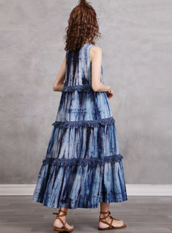 Dye Tie Fringe Patchwork Layer Denim Maxi Dress