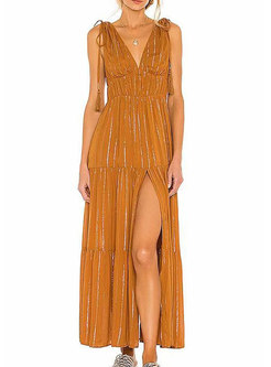 Boho V-neck Sleeveless Striped Split Beach Maxi Dress