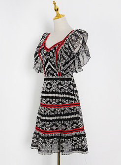 Ethnic Print Cap Sleeve Patchwork Mini Dress