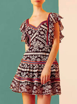 Ethnic Print Cap Sleeve Patchwork Mini Dress