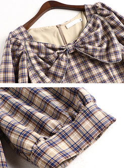 Cute Square Neck Bowknot Embellished Plaid A-Line Dress