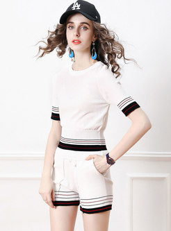 Casual Color-blocked Striped Knitted Shorts Suits