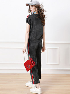 Color Blocked Batwing Sleeve Top Knitted Pant Suits