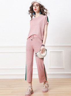 Color Blocked Batwing Sleeve Top Knitted Pant Suits