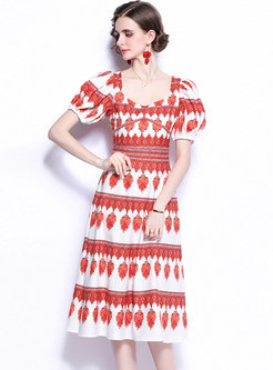 Vintage Red Print Square Neck Puff Sleeve A-Line Dress