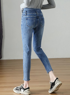 Blue High Waisted Fringed Pencil Jeans