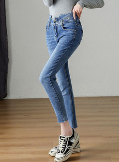 Blue High Waisted Fringed Pencil Jeans