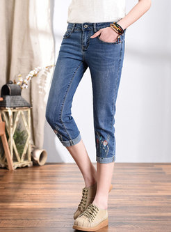 High Waisted Embroidered Calf-Length Jeans