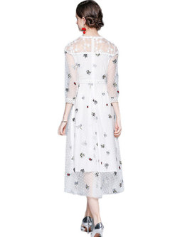 White Mesh Embroidered Polka Dot A Line Dress