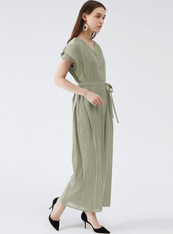 Solid Cap Sleeve Wrap Pleated Jumpsuits