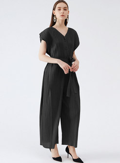 Solid Cap Sleeve Wrap Pleated Jumpsuits
