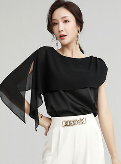 Solid Crew Neck One Shoulder Chiffon Pullover Blouse
