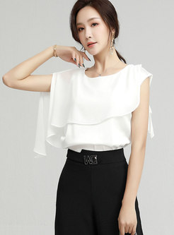 Solid Crew Neck One Shoulder Chiffon Pullover Blouse