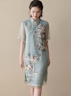 Vintage Patchwork Half Sleeve Cheongsam Shift Dress