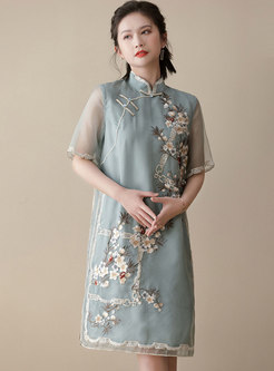 Vintage Patchwork Half Sleeve Cheongsam Shift Dress