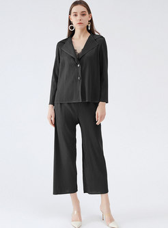 Casual Lapel Long Sleeve Pleated Pant Suits