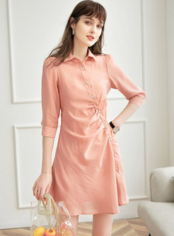 Turn-down Collar 3/4 Sleeve Smocked Shirt Dress