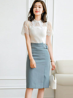 Solid Buckle Belted Sheath Skirt