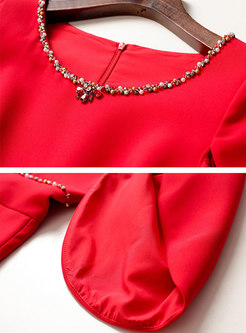 Red Split Sleeve Beaded Ruffle Cocktail Dress