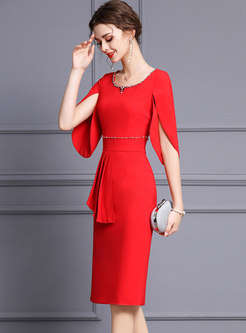 Red Split Sleeve Beaded Ruffle Cocktail Dress