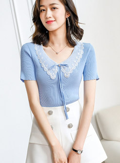 Sweet Lapel Bowknot Pullover Knit Top