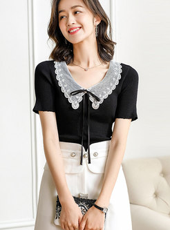 Sweet Lapel Bowknot Pullover Knit Top