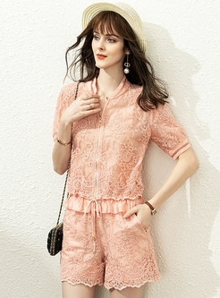 Solid Lace Short Sleeve High Waisted Shorts Suits