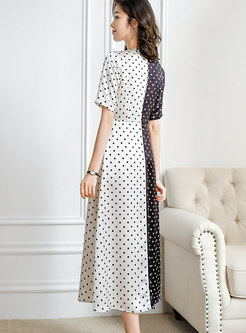 Color-blocked V-neck Short Sleeve Polka Dot Maxi Dress
