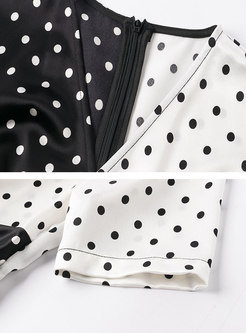 Color-blocked V-neck Short Sleeve Polka Dot Maxi Dress