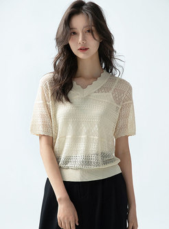 Casual V-neck Openwork Pullover Knit Top