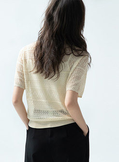 Casual V-neck Openwork Pullover Knit Top