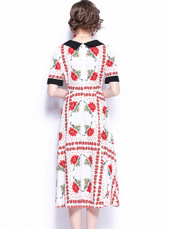 Color-blocked Lapel Print A Line Midi Dress