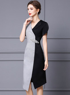 V-neck Color-blocked Split Asymmetric Sheath Dress