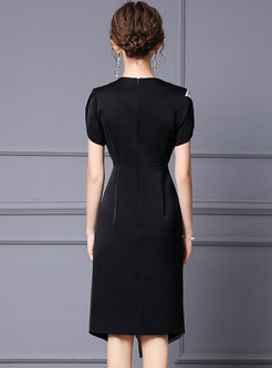 V-neck Color-blocked Split Asymmetric Sheath Dress
