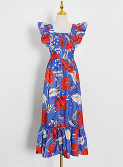 Boho Ruffle Sleeve Print Beach Maxi Dress