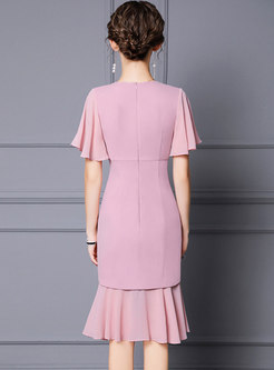 Pink V-Neck Rhinestone Patchwork Sheath Peplum Dress
