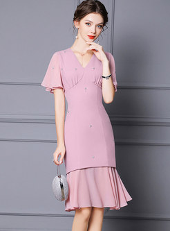 Pink V-Neck Rhinestone Patchwork Sheath Peplum Dress