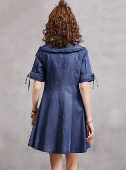 Denim Turn-Down Collar Embroidered Mini Dress