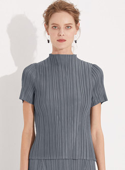 Half Turtle Neck Solid Pleated T-Shirt